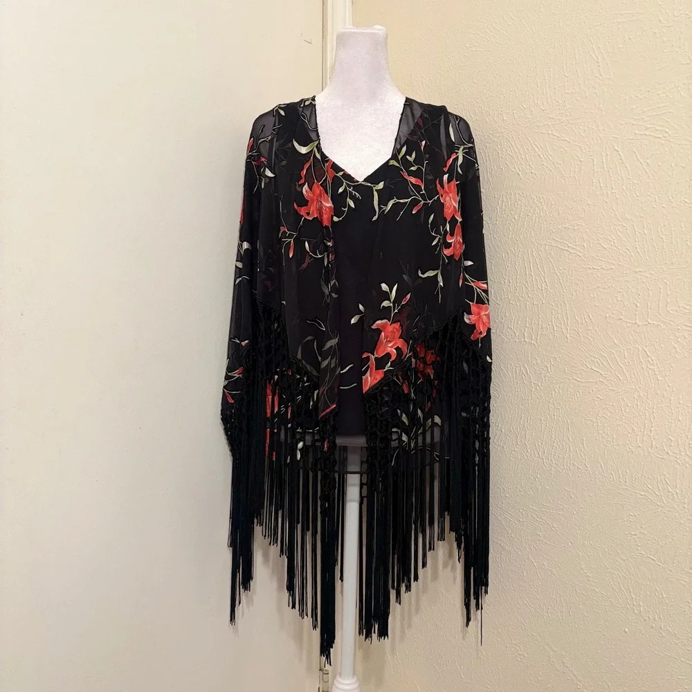 NWT Vtg Black Sheer Chiffon Burnout Fringe Wrap Shawl Blouse Set Whimsigoth Boho